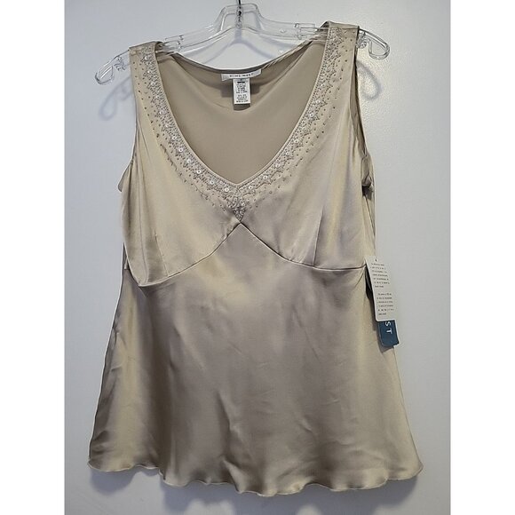 Nine West Y2k Babydoll Blouse Sleeveless Silk Champagne Beaded Detail 12 NWT - Picture 1 of 8